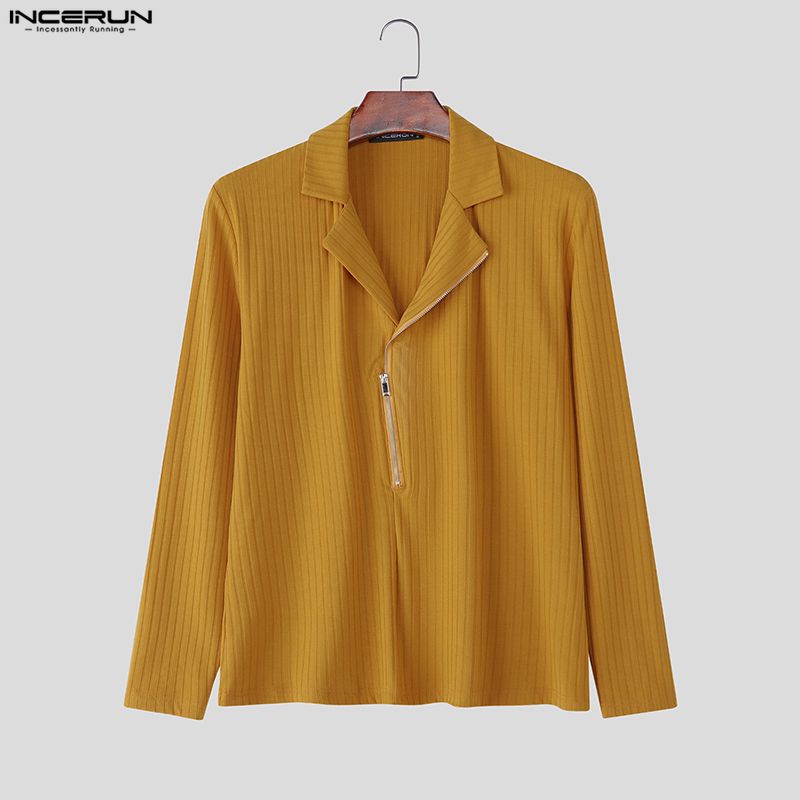 INCERUN Autumn Spring Men Zip-up Neck Long Sleeve Casual Rib Pullovers Tops
