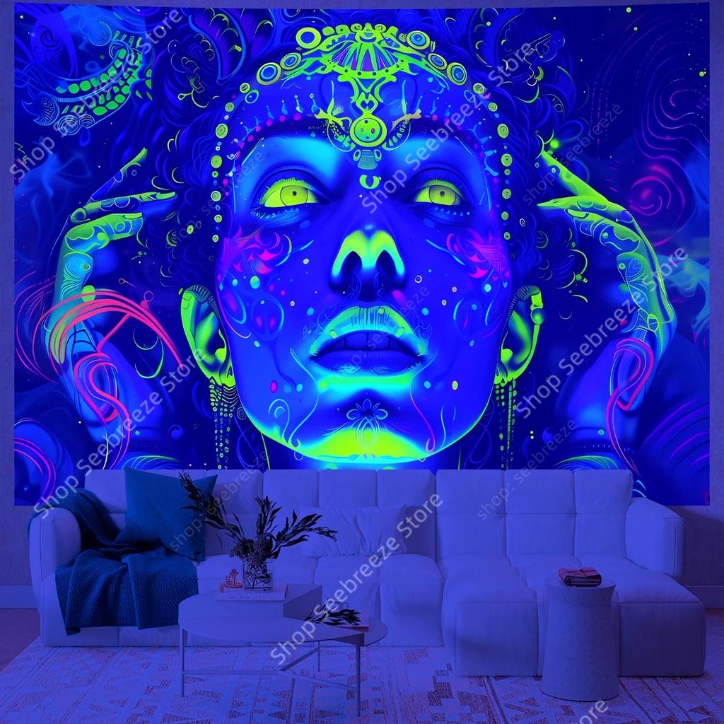 Psychedelic Mystic Face UV Reactive Tapestry Neon Abstract Wall Art Vibrant Hues Dark Background Bedroom Living Room Decor