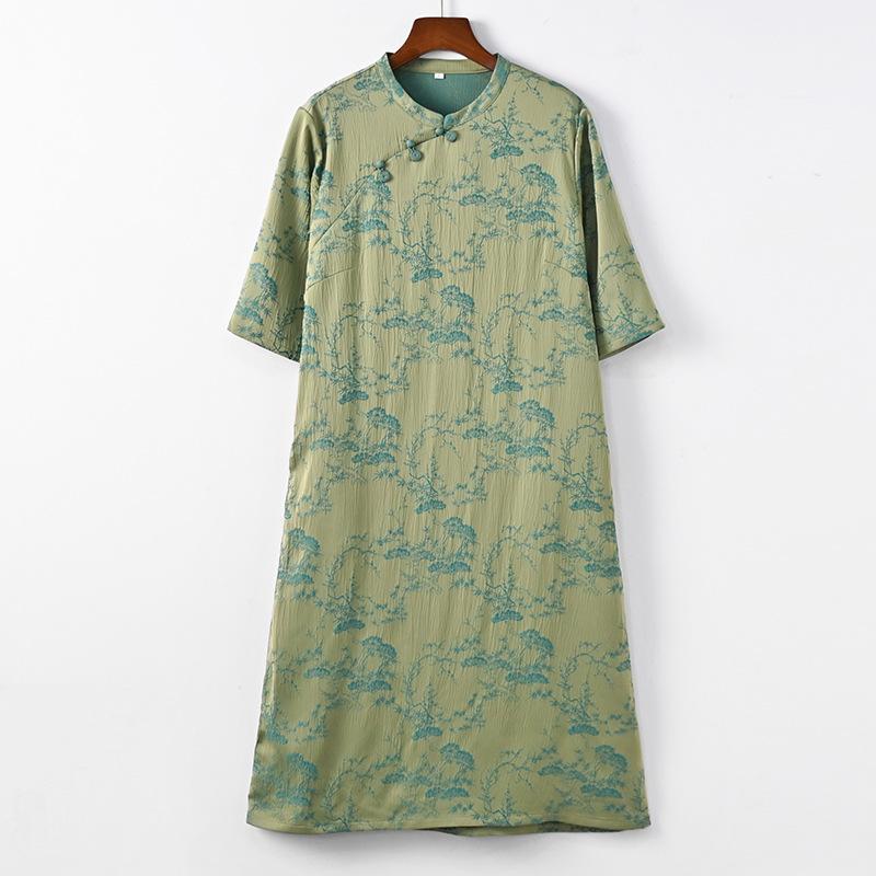 

Женские платья Johnature в китайском стиле с жаккардовым узором, с рукавами-стойкой, на пуговицах, весеннее винтажное платье А-силуэта L зелёный