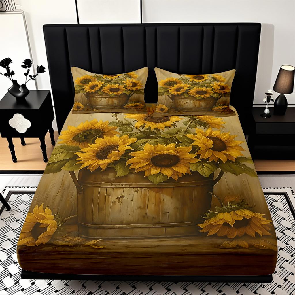 Home Textiles Sunflower Pattern 3D Digital Printing Sanded Sheet Three-Piece Set, Pattern