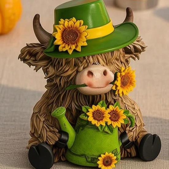 2 Pcs Sunflower Highland Cow Figurine, Spring Summer Scottish Cattle Sculpture, Cute Farm Animal Wooden Statue for Kitchen, Table, Shelf Decor