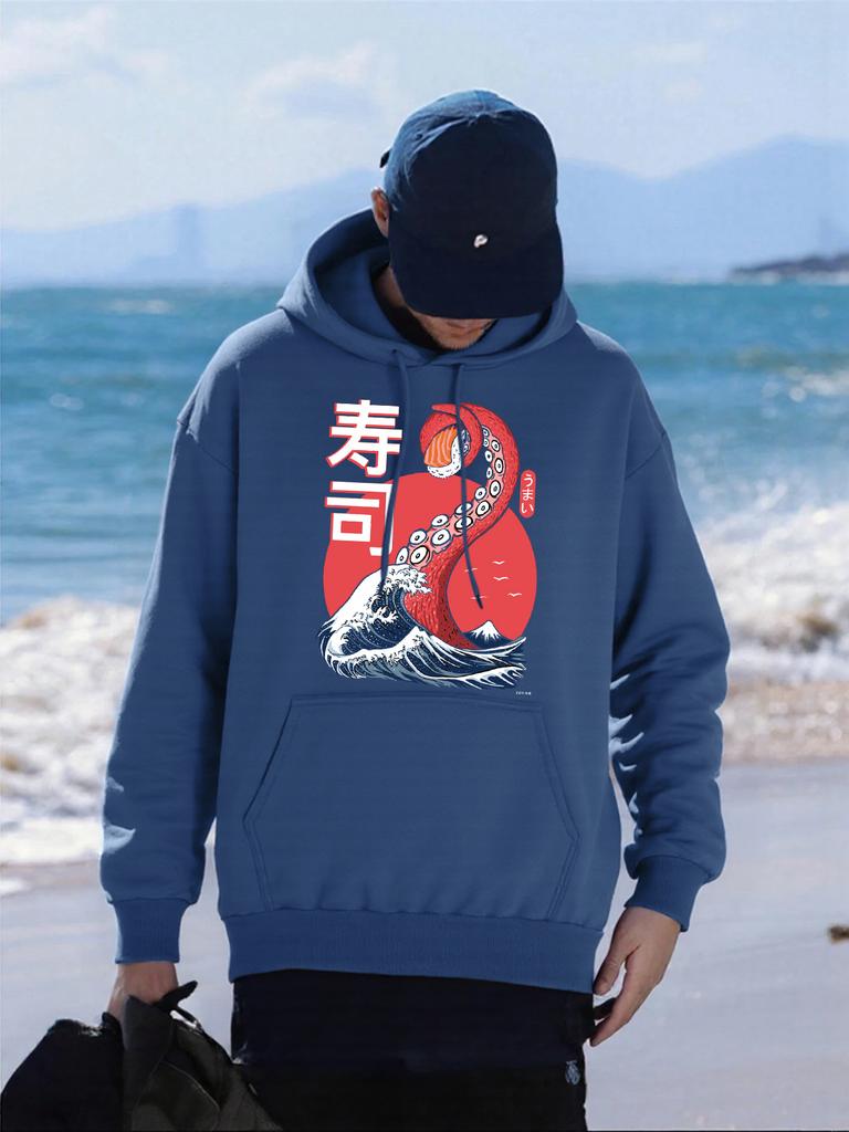 Japanese Waves Sushi Food Prints Men Hoodie Comfortable Pocket Streetwear Loose Casual Hoody All-Match Fleece Unisex Clothing