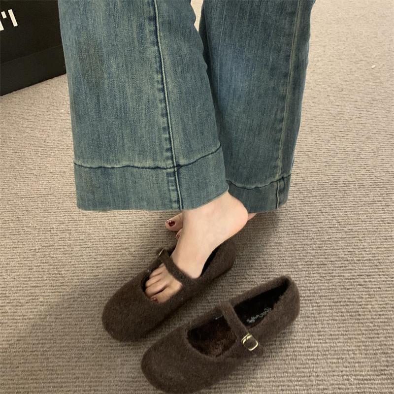 2025 new wool integrated fleece single shoes women's soft-soled Mary Jane ballet shoes fluffy shoes flat-soled outer wear