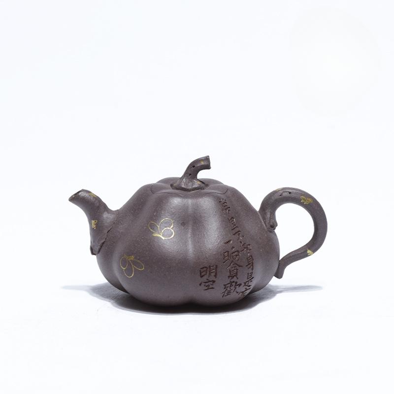 80ml Yixing Purple Clay Teapots Handmade Gold Tracing Pumpkin Pot Raw Ore Cyan Section Mud Kettle With Infuser Zisha Teaset Gift