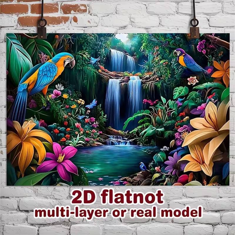 

2D Tropical Exotic Backdrop, Parrots, Waterfall & Lush Foliage Background 47.2x31.5inch/120*80cm