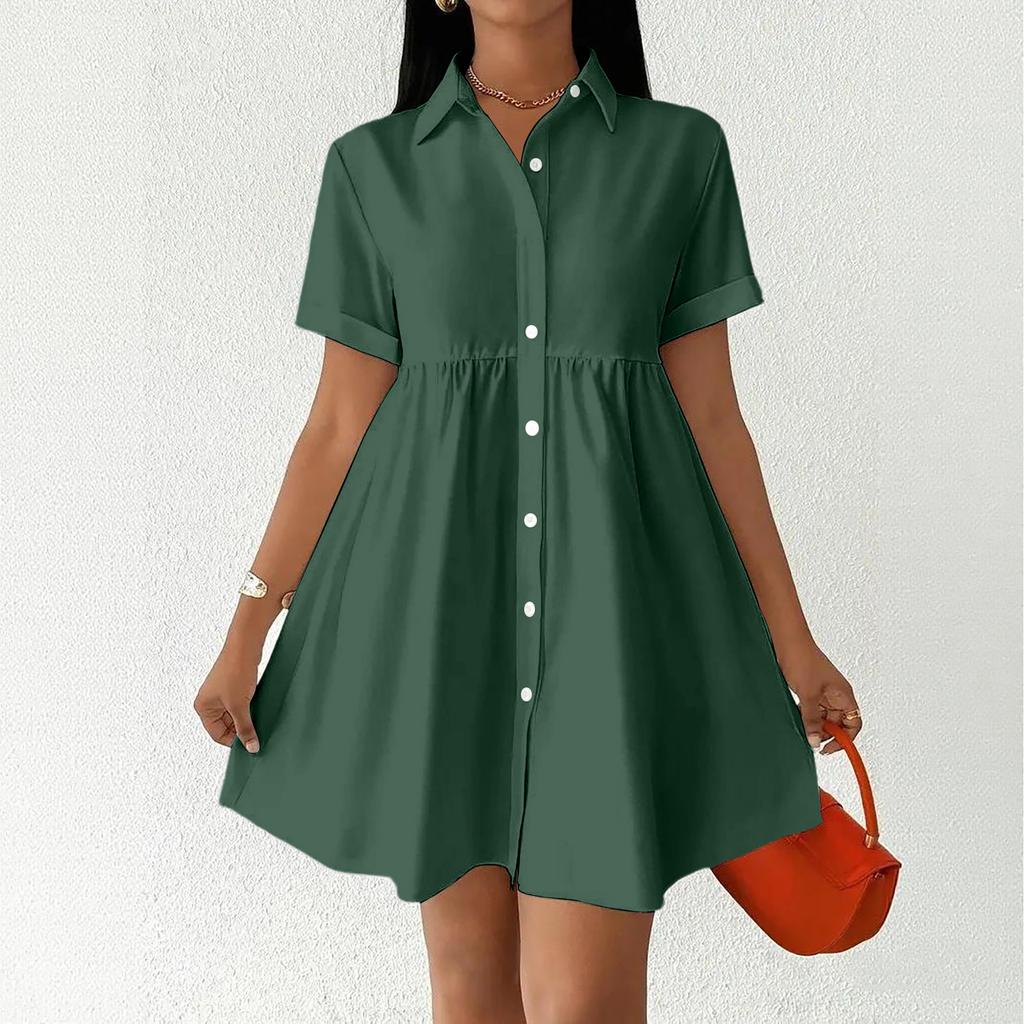 Women Short Sleeve Shirt Dress Button Down Collared Loose Fit Casual Mini Dress with Pockets Summer Style