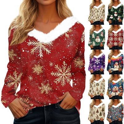 Women's T Shirt Tee Christmas Shirt Long Sleeve Party Christmas Fleece Collar V Neck  Top