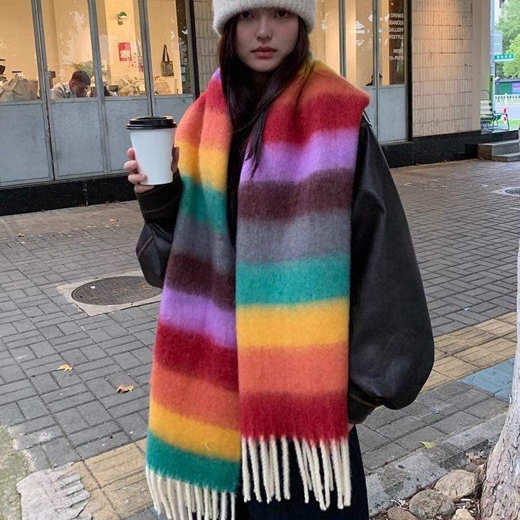 New Colorful Rainbow Scarf Women's Winter Dopamine Senior Student Sweet Warm and Cold Proof Plush Scarf Shawl