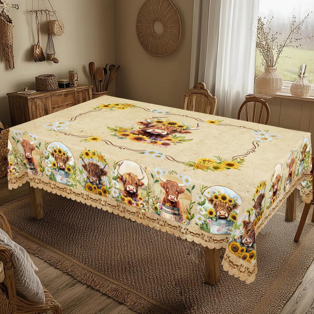 1 Piece of Summer Retro Farmhouse Pastoral Pattern Rectangular Tablecloth, Cow, Flower, Pattern Printed Round Tablecloth, Party Tablecloth, Home Table
