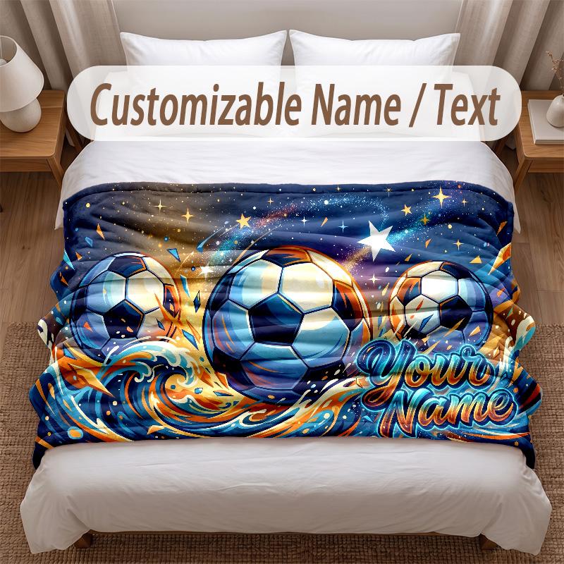 Soccer Theme Soft Blanket Personalized Custom Name Text Print Warm Blanket Home Sofa Bedroom Decor