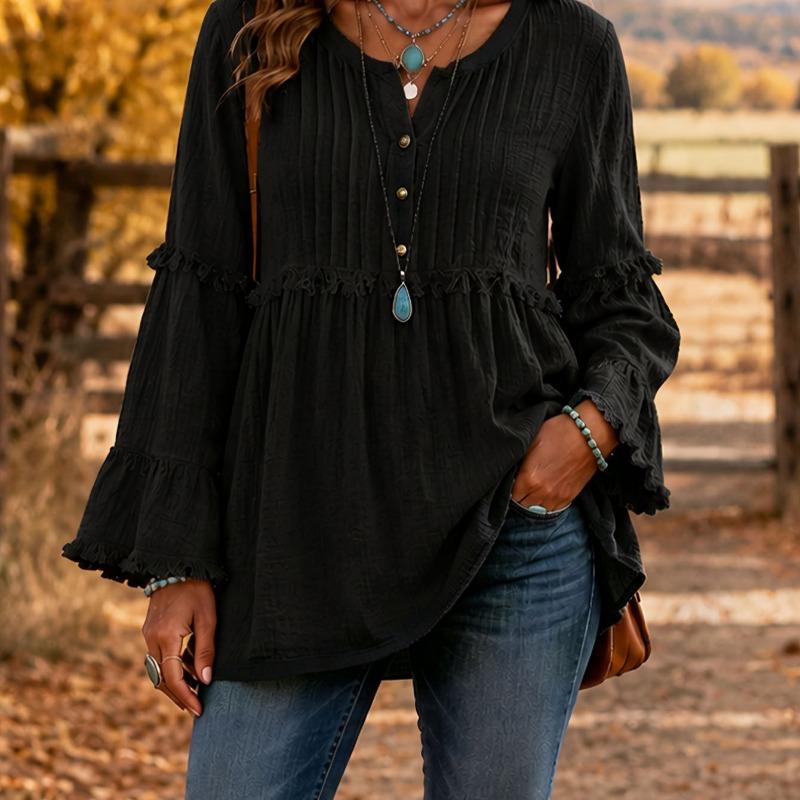 Women S Casual Loose V Neck Long Sleeve Blouse With Lace Trim