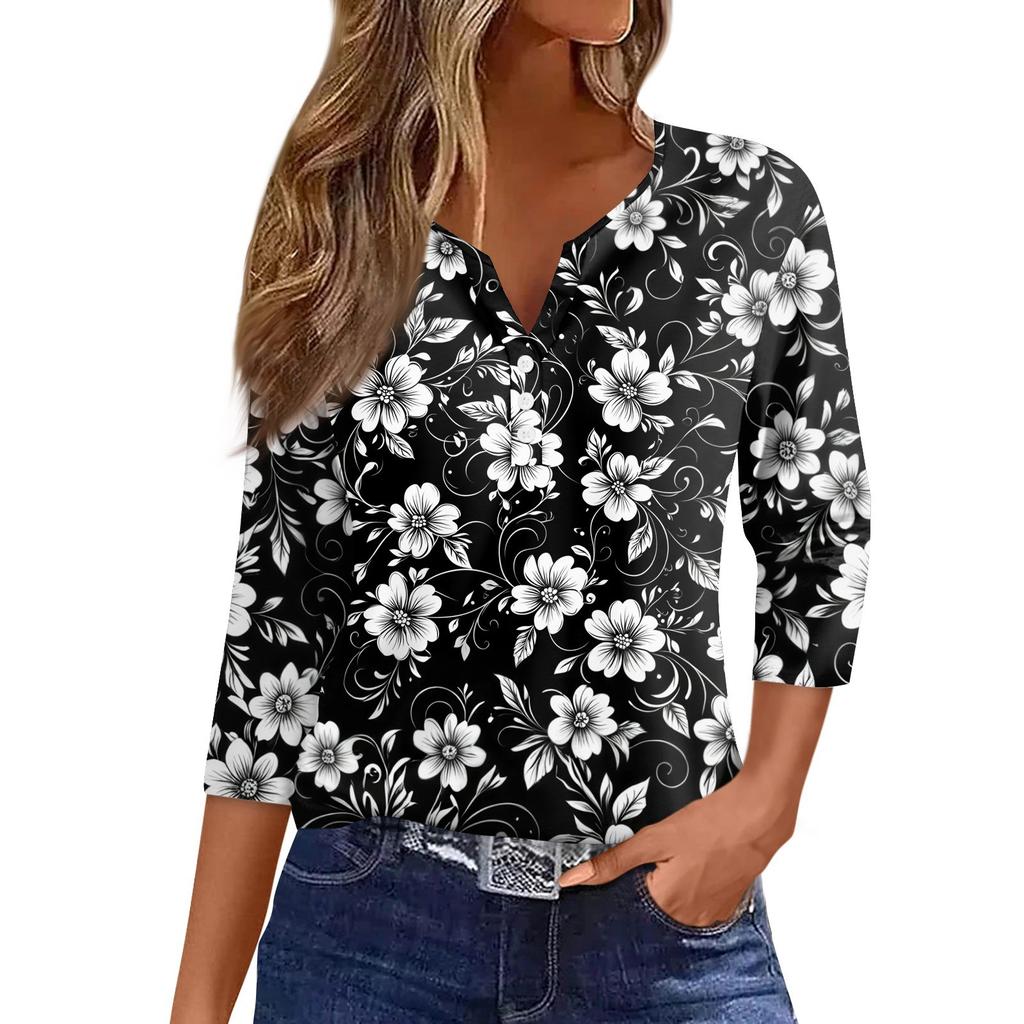 Women's T Shirt Print Button 3/4 Sleeve Daily Weekend Fashion Basic V- Neck Regular Top