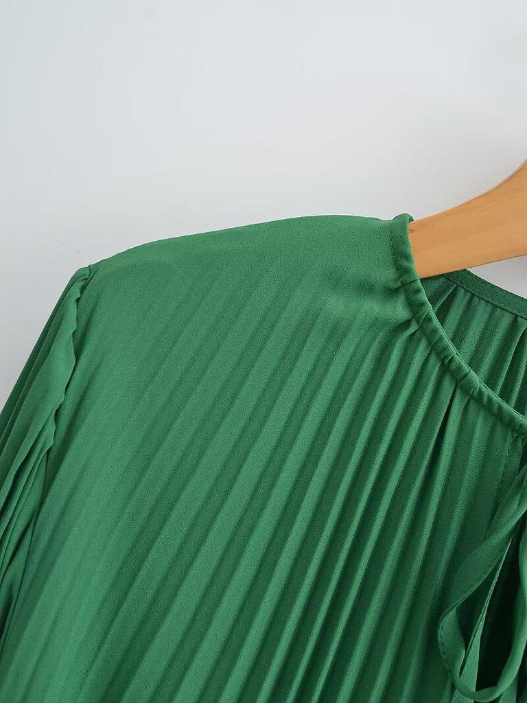 2025 Spring/Autumn Women's Fashion Crew Neck Long Sleeve Belted Pleated Maxi Dress