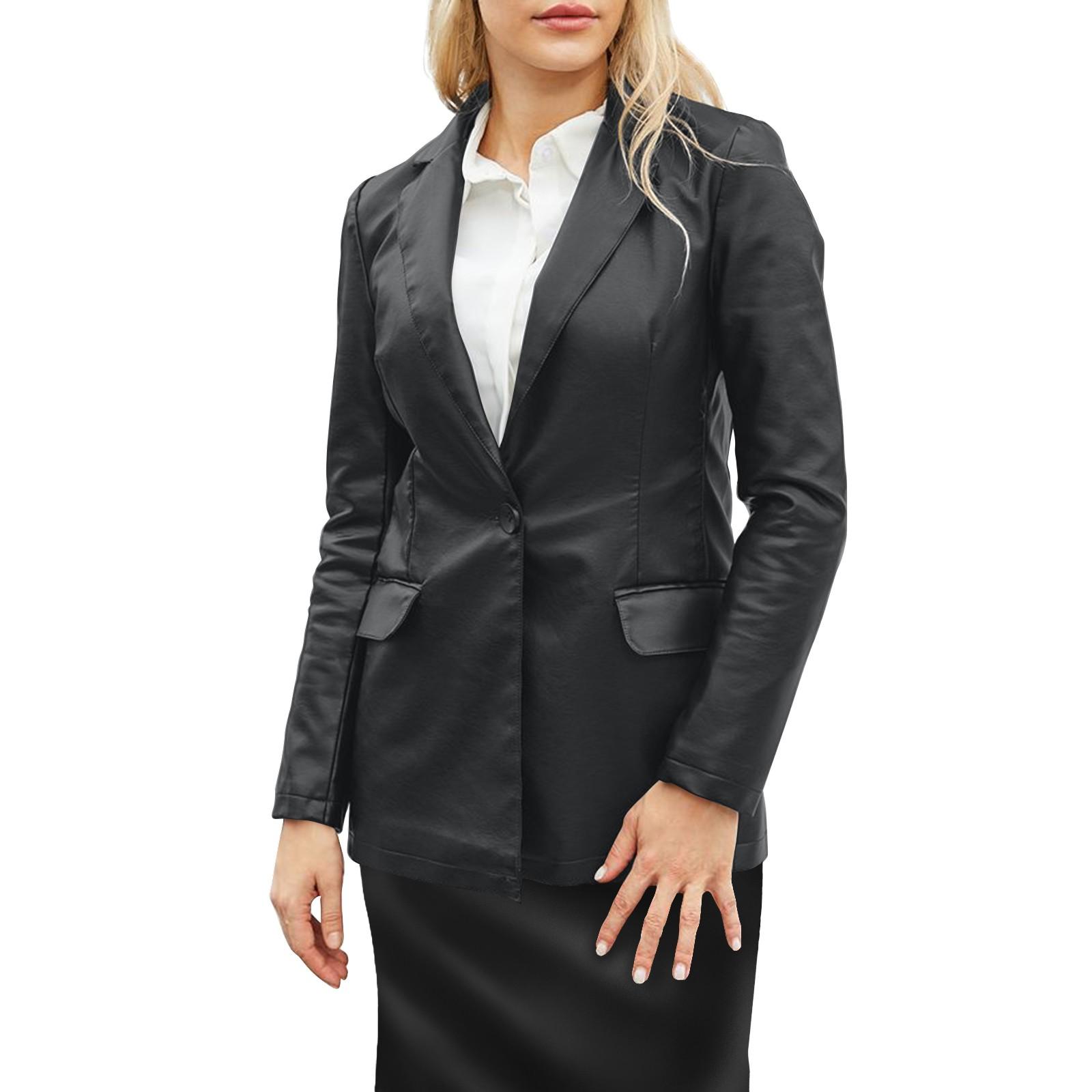 

Женская модная однобортная повседневная кожаная куртка с длинными рукавами и лацканами L чёрный