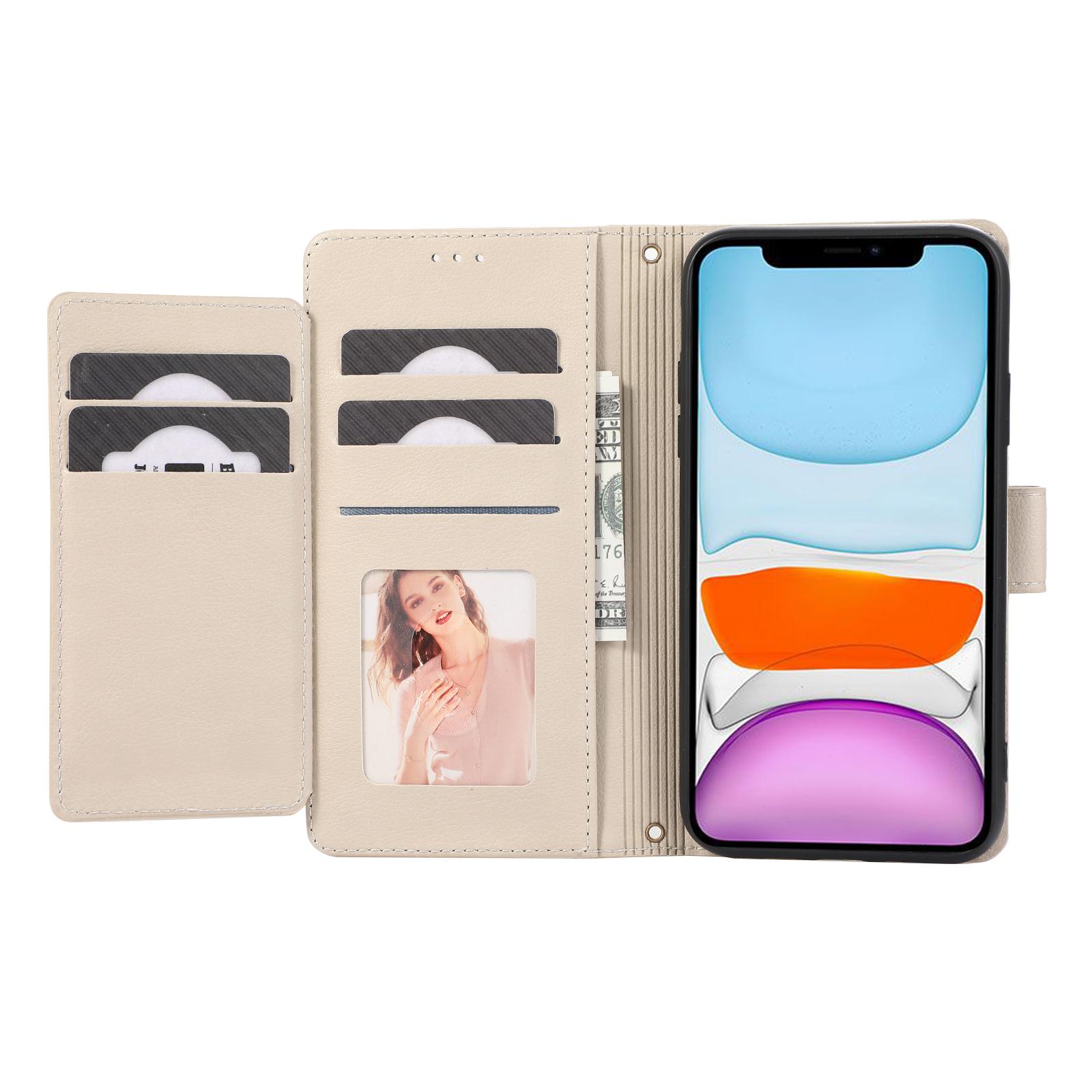 

For iPhone 11 Cell Phone Case Lines Imprinted Built-in Mirror Anti-drop Leather Cover with 2 Straps Beige