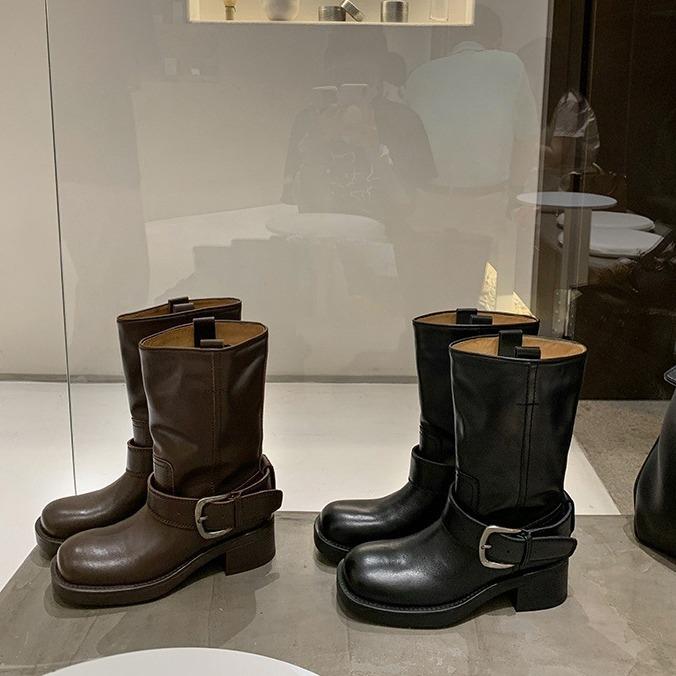 [sheii] Seoul boots~ retro side buckle thick heel medium tube western cowboy boots short boots women's locomotive boots