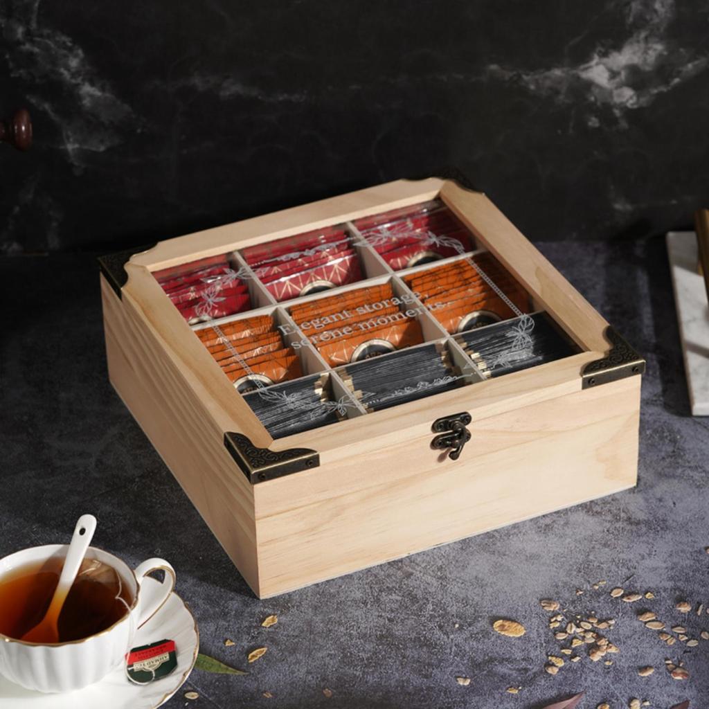 Tea Storage Box with Glass Lid Divided Interior for Kitchen