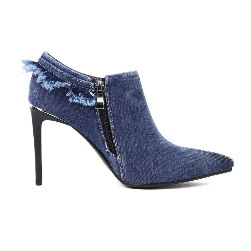 Summer Brushed Denim Ankle Boots Women Sexy High Thin Heels Pointed Toe Pumps Blue Rubbed Jean Party Dress Lady Stiletto Booties