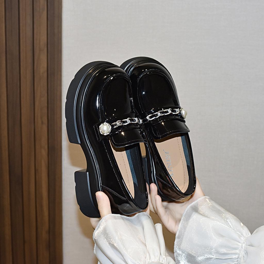 Platform Shoes Women's Spring New Muffin and Pearl Pedal Women's College-style Black Leather Shoes