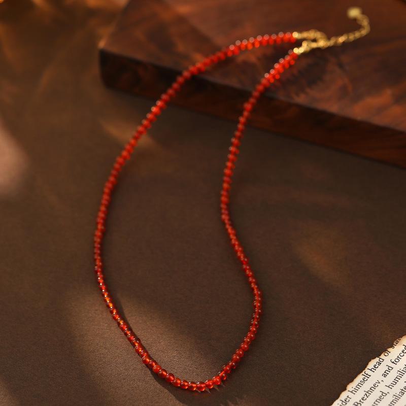 Banyan Tree S925 Silver Red Agate Beaded Necklace - Handmade Chinese Retro Clavicle Chain for Women