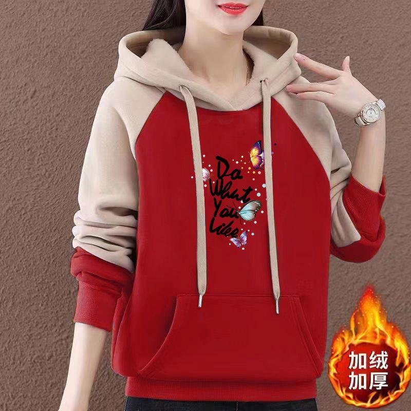 

Осень Зима Бархатное Утолщение Корейская Новая Толстовка с Капюшоном Женский Топ Пуловер Карман Кенгуру M красный