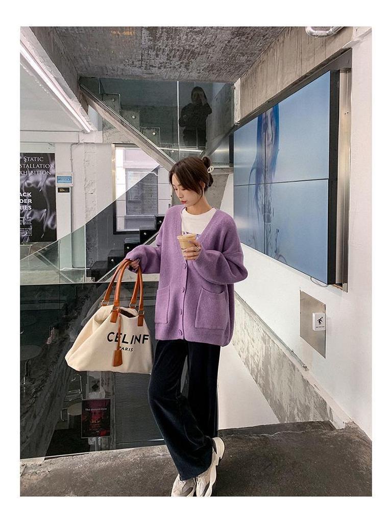2023 Women's Solid Color Knitted Cardigan: Korean Style Loose, Fashionable, Lazy Fit for Spring & Autumn