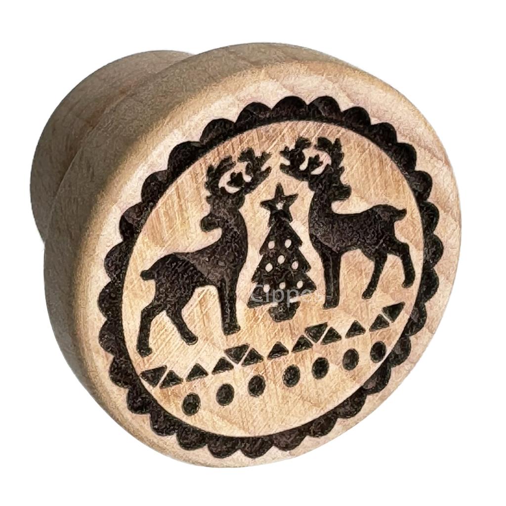 Wooden Cookie Stamp Cookie Mold for Christmas, with Reindeer Snowman Pattern, Round Embosser Baking Tools for Biscuit Cutter