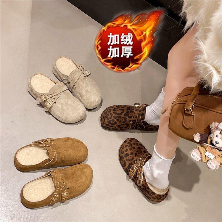 Leopard print inner heightening platform Boken shoes women wear autumn and winter velvet lazy retro ugly cute big head bag head half slippers