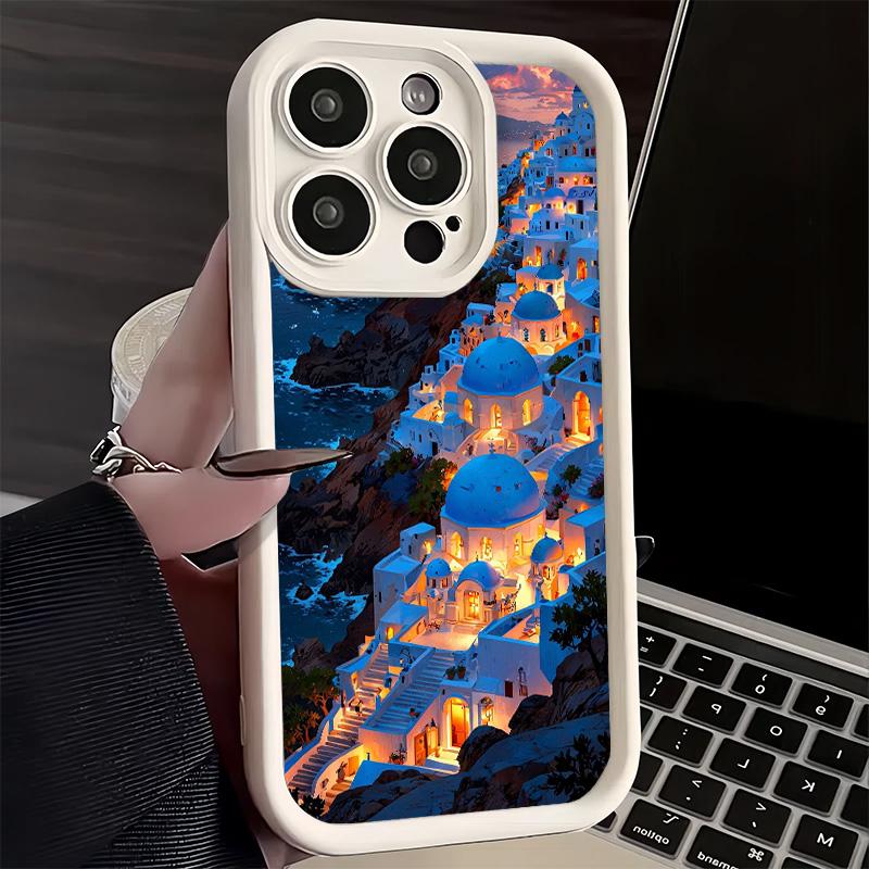 Phone Case for iPhone 17 Air 16E 15 16 Pro Max Santorini Greece Summer Cover 14 Plus 13 12 Mini Soft Shell Silicone Fundas