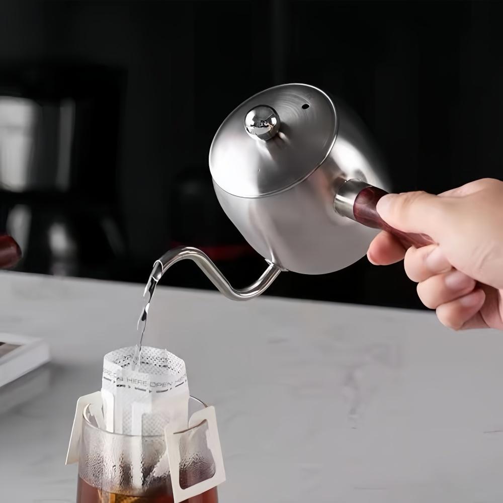 500ML Coffee Hand-brewed Pot with Lid 304 Stainless Steel Wooden Handle Hanging Ear Coffee Outdoor Long Mouth Pot Coffee Utensil