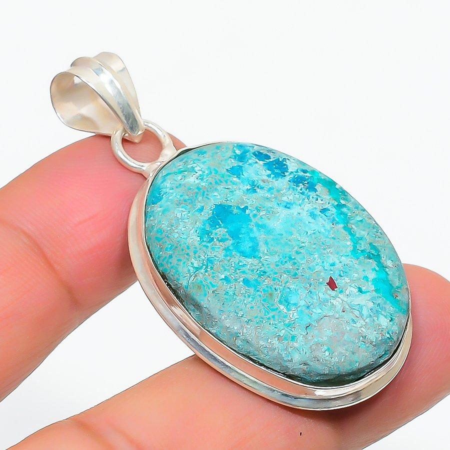 Natural Chrysocolla Gemstone Handmade 925 Steling Silver Jewelry Pendant 1.97" T1D36