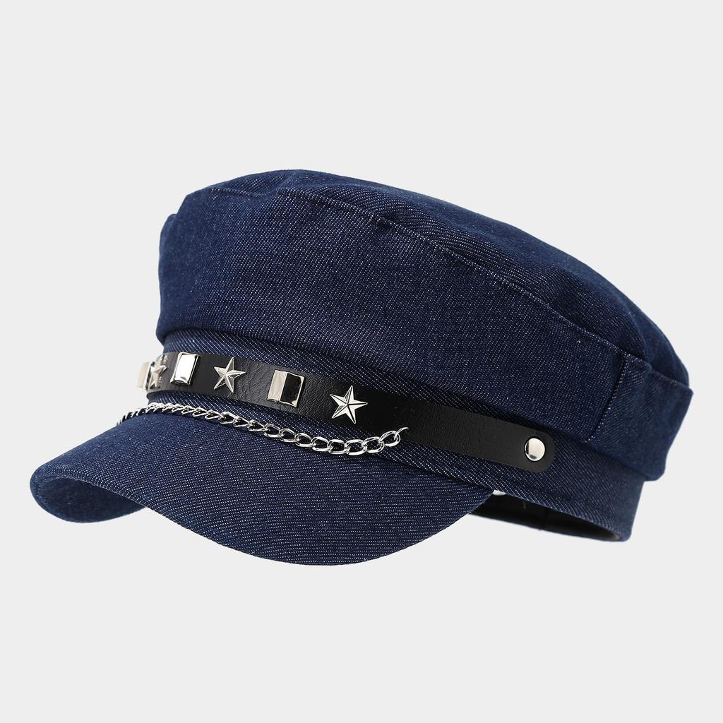 Japanese-Style Retro Chain and Rivet Flat-Top Hat - Women's Autumn Niche Hot Girl  Cap, Face-Slimming Peaked Cap