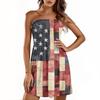 Women Summer Dress Casual Swing Independence Day Ruffle Short Sleeve Sundresses Beach  A-line  Dress  With Pockets