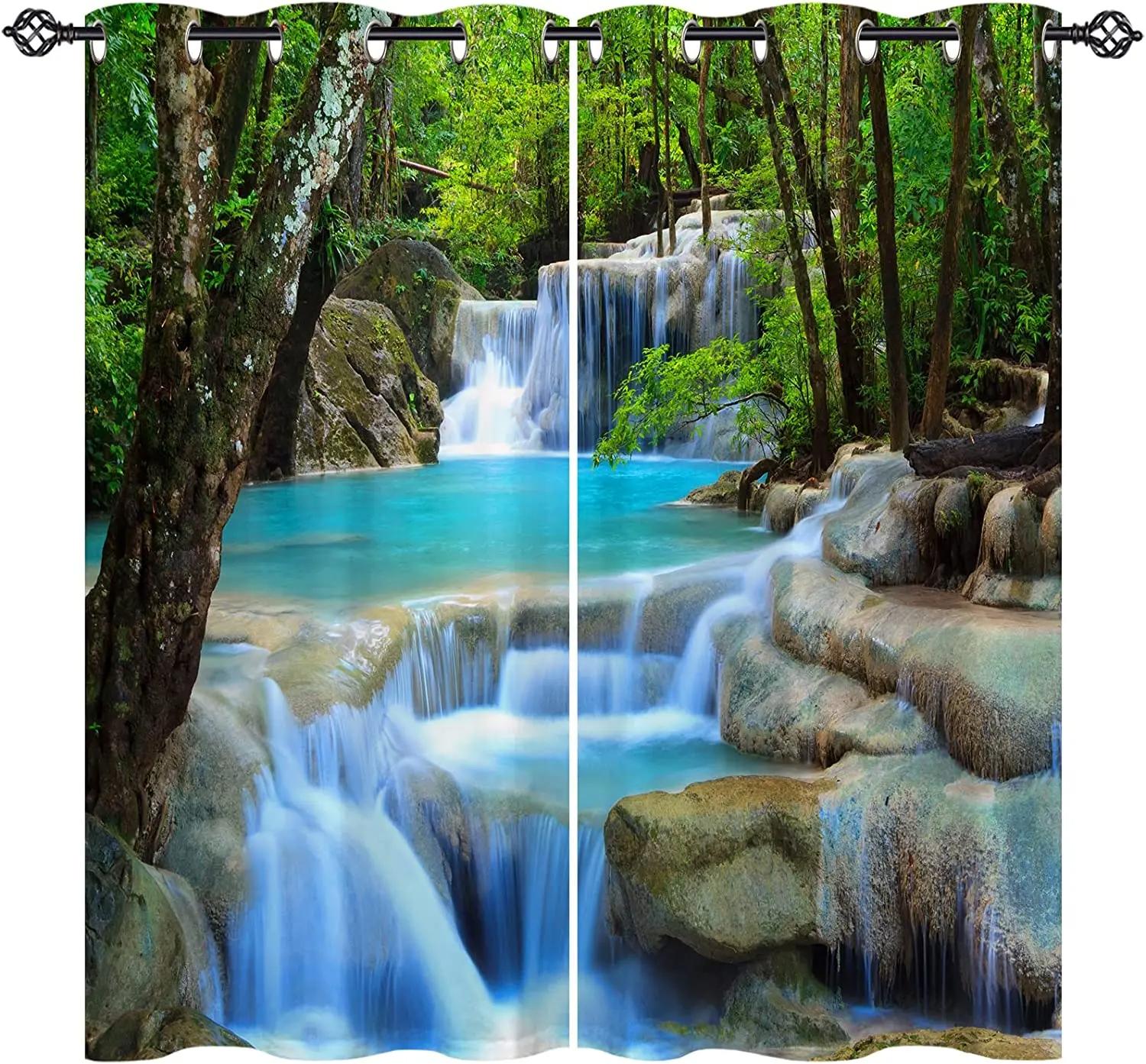 

Forest Waterfall High Shading Drapes ideal for Bedroom Space Natural Landscape Blackout Curtains Mountain Stream Window Opening Drape Living Room W55 X H120cm X 2&HOOK
