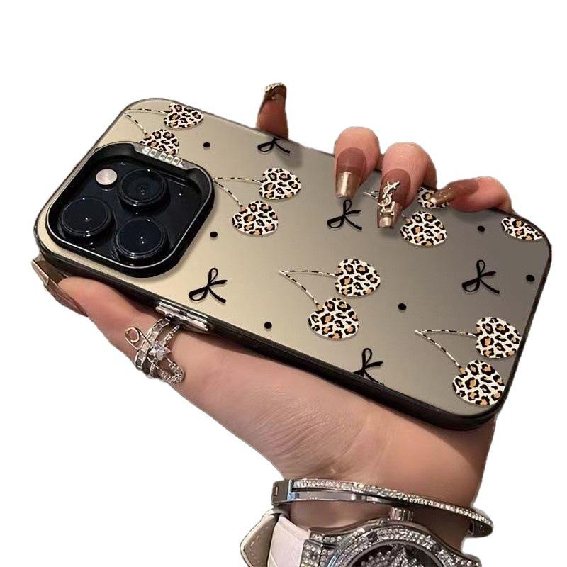 Sterling ezüst cseresznyés masnis leopárdmintás telefontok Apple 17/16/15Pro, 14ProMax és 13 készülékekhez