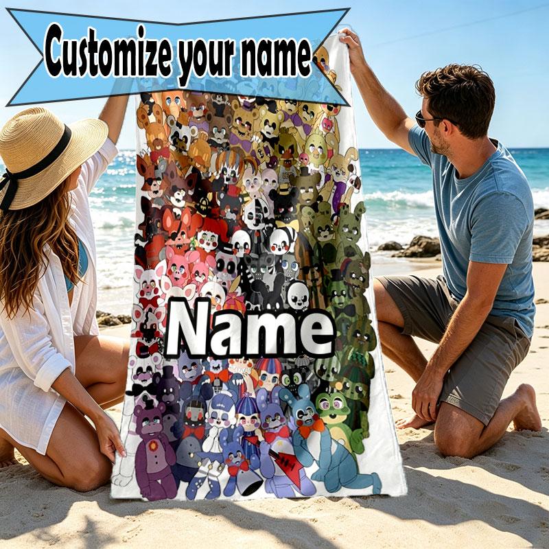 Custom Name Personalized Five Nights at Freddy's Print Beach Towel, for Trip Camping Beach Party Home Decor, Birthday Gift for Family & Friends