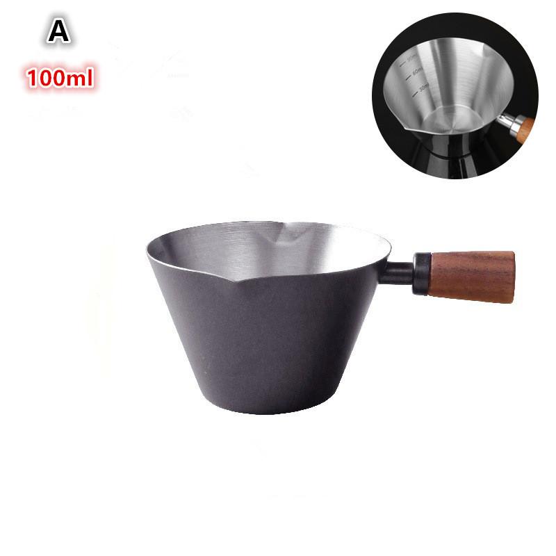 Stainless Steel Espresso Shot Glass with Walnut Handle Graduated Coffee Measuring Cup 2 Oz Liquid Volume Markings Barista Tool