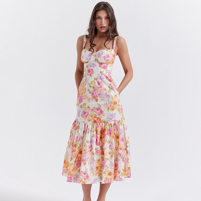 2023 Svěží pastýřský styl Áčková květinová sukně s ramínky a krátkými rukávy