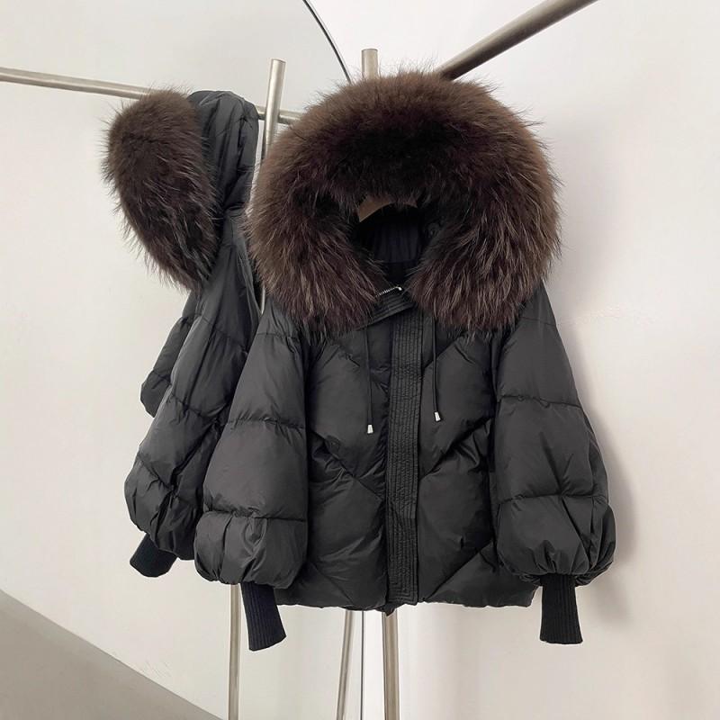 Womens Hooded Down Coat With Raccoon Fur Trim Knit Sleeve Loose Fit Mid-Length Warm Winter Jacket