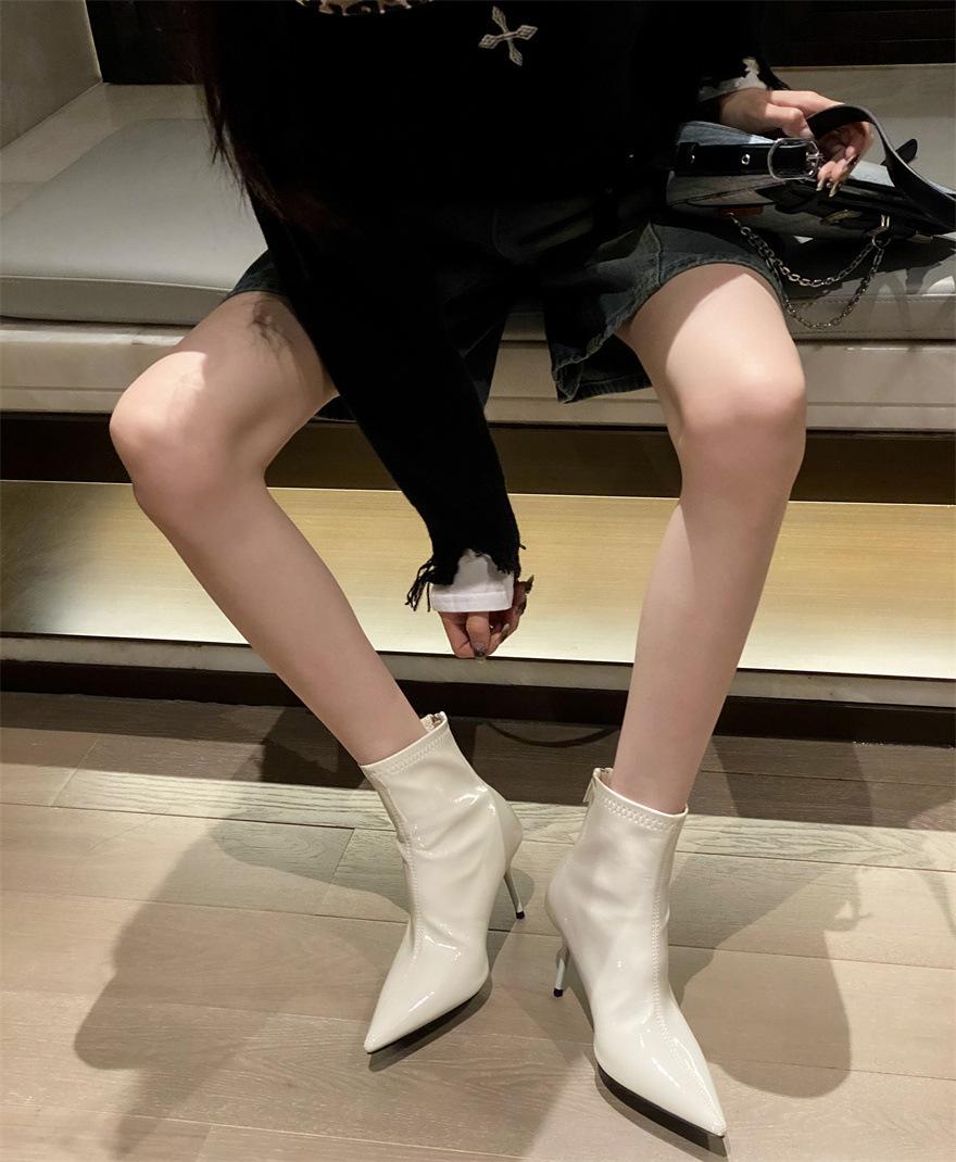 

2025 осень новые остроносые тонкие каблуки европейская и американская мода высокий каблук короткие ботинки универсальные женские ботинки на высоком каблуке 39 белый