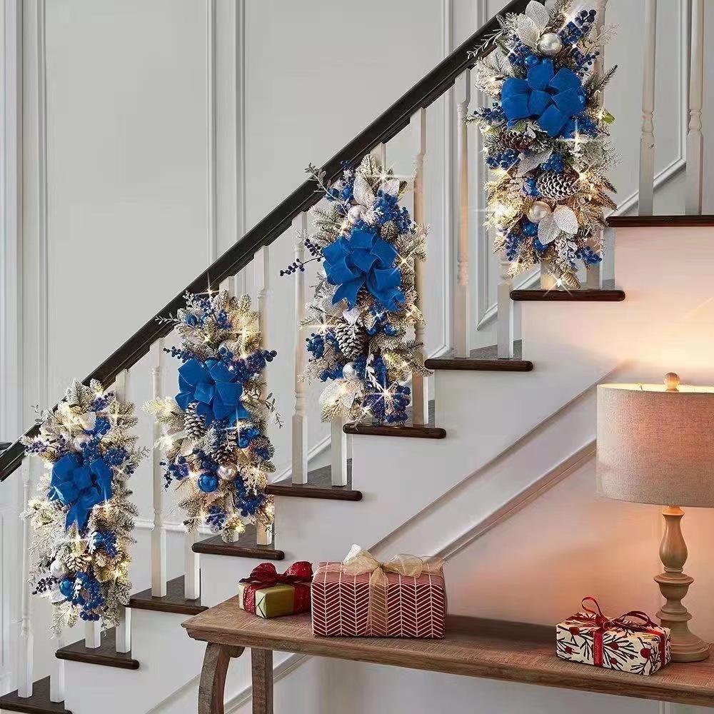 Nordic Style Christmas Stair Wreath with Gold & Silver Glitter Pine and Bow Knot for Wall or Door.