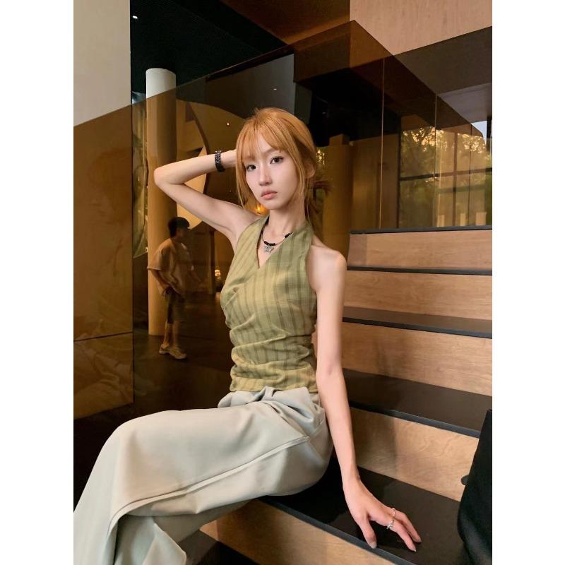 Retro Plaid Halter Summer New Backless Sleeveless V-neck Hot Girl Tops and Vests for Women