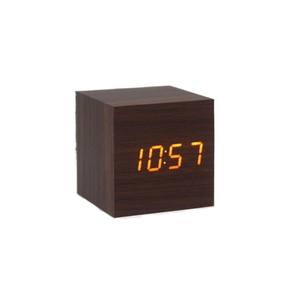 Voice Control Square Digital LED Alarm Clock Retro USB/AAA Powered Glow Clock Wood Multifunctional Desk Clock Gift