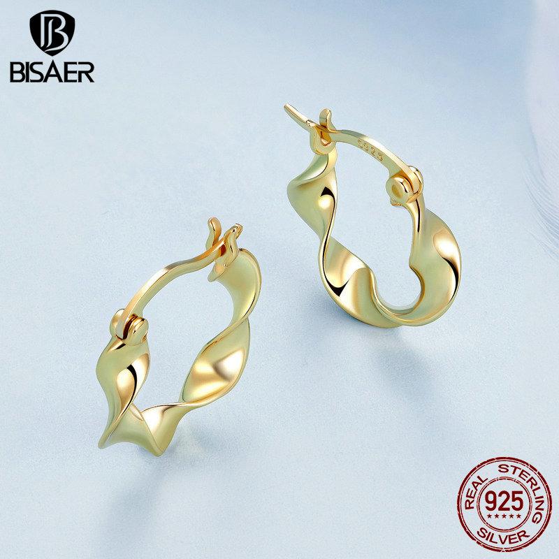 Bisaer 925 Sterling Silver High Gloss Twisted Stud Earrings For Women Lovely Girl Birthday Gift Holiday Party Jewelry