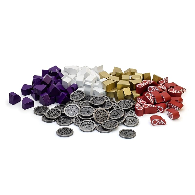 

Ігри Стоунмайер: Пакунок оновлення Wyrmspan | Металеві монети та дерев яні ресурси | Додає 45 двосторонніх металевих монет драконів та 104 дерев яні ресурси (М ясо,