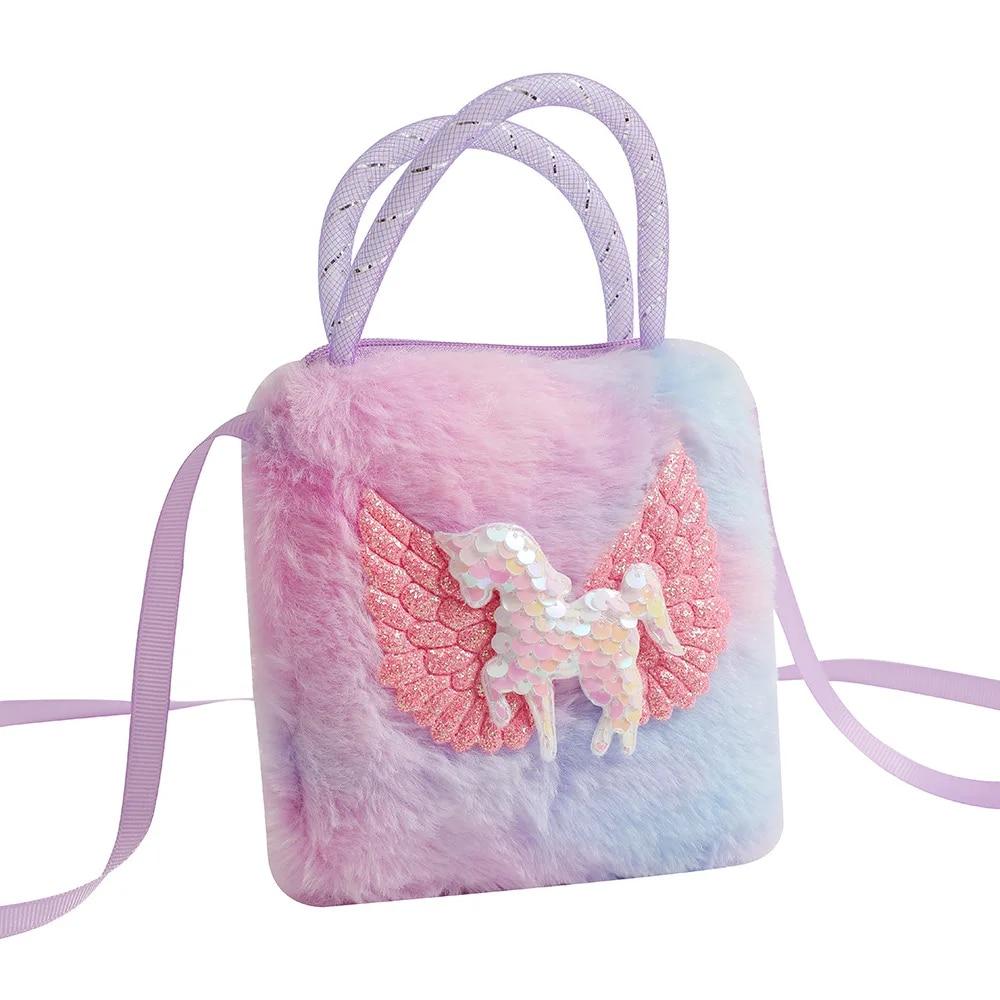 Jednorožec kreslená plyšová taška přes rameno pro děti Crossbody taška pro děvčata do školky Přenosná venkovní malá čtvercová taška na mince Peněženka