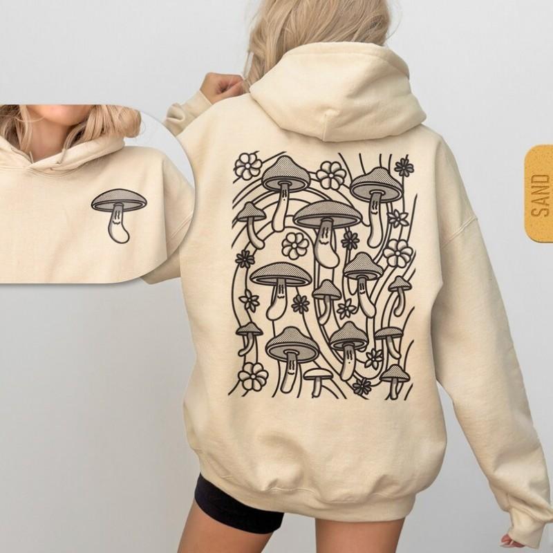 Womens Hooded Long Sleeve Sweatshirt With Retro Mushroom Print Casual Streetwear Top