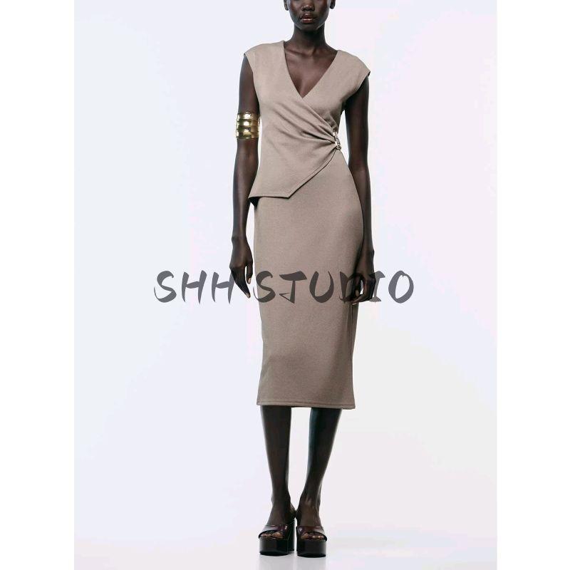 Summer New Product Women's Clothes Ins Style Long Double Breasted Twill V Neck Sleeveless Dress 5067151 5067651