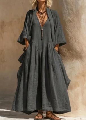 New Bohemian V-neck Printed Long Dress Loose Sunscreen Blouse Seaside Vacation Beach Dress