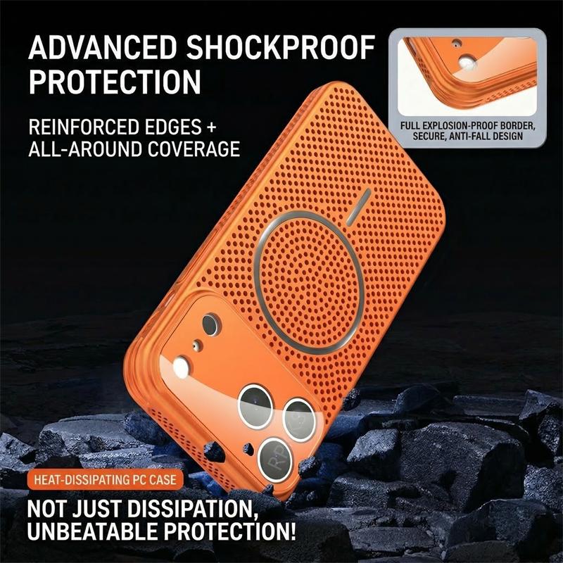 Heat Dissipation Mesh For MagSafe Phone Case For iPhone 17 16 15 14 13 Pro Max Large Window Lens Protector Magnetic Hard Cover